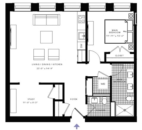 Floor plan for 2 beds, 1.5 baths, 907 sqft